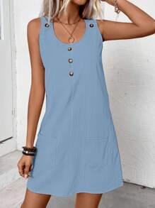EMERY ROSE Casual Solid Color Sleeveless Dress With 2 Pockets - Baby Blue - View 5