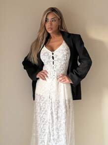 SHEIN ICON Áo len cardigan dài tay loe ren hoa đơn hàng khuy đơn cho nữ - Màu be - Xem 4