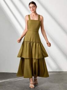 CLARA VERO Vestido largo de lino elegante con volantes en color amarillo para mujer