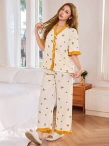 Dream Adore 泡泡皱水果印花纽扣撞色短袖衬衫和裤子女士睡衣套装柠檬睡衣套装女士睡衣套装可爱睡衣套装夏季睡衣套装女士睡衣套装