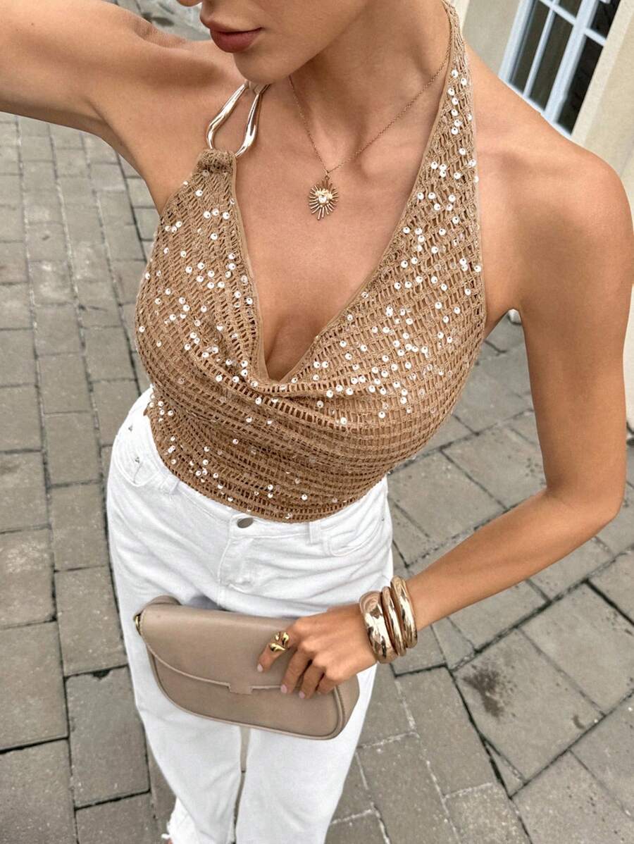 SHEIN Frenchy Camiseta de tirantes con cuello halter sin espalda y hebilla metálica con lentejuelas de moda de verano para mujer