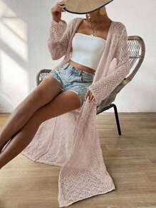 Breezaya Áo len cardigan dài tay khoét lỗ màu trơn cho nữ, trang phục đi nghỉ - Hồng - Xem 3