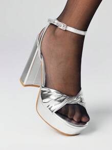 ROMWE Grunge Punk Women's Elegant High Heel Sandals With Platform Sole, Solid Color, Suitable For Parties And Banquets For Christmas Y2K 2000s Style - Silver - View 3
