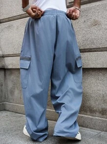 Manfinity Hypemode Pantalones casuales sueltos con bolsillos con solapa para hombres - Celeste - Ver 2