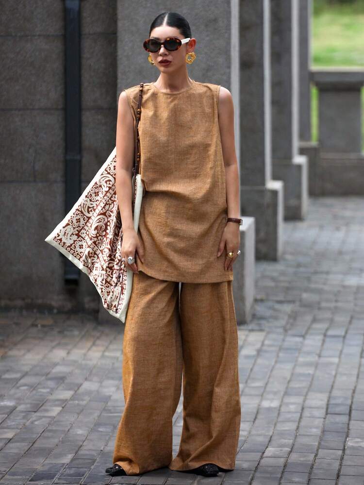 2pcs Women Linen Blend Loose Sleeveless Shirt And Pants Vacation Casual Set, Spring/Summer