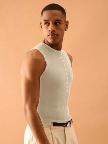 Musero 修身前襟罗纹针织背心 夏季街头风度假休闲 - 米色 - 查看 2