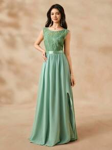 SHEIN Vestido largo de línea A con abertura alta, de gasa con aplicaciones de encaje, elegante para dama de honor, temporada de bodas, apropiado para adolescentes, baile de graduación, fiesta de cumpleaños, presentación - Verde - Ver 4