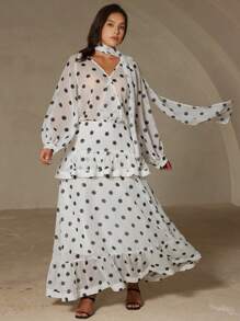 Aveloria Rosie Elegant Romantic Bohemian Ribbon Contrast Color Polka Dot Chiffon Blouse With Skirt 2 Pieces Set, Plus Size