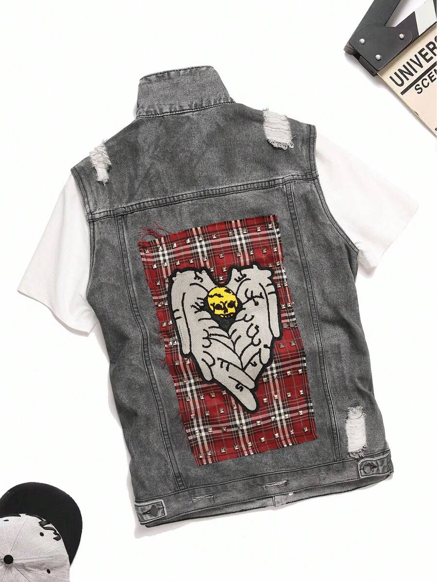 Manfinity EMRG 男士休闲破洞牛仔背心 - 灰色 - 查看 1