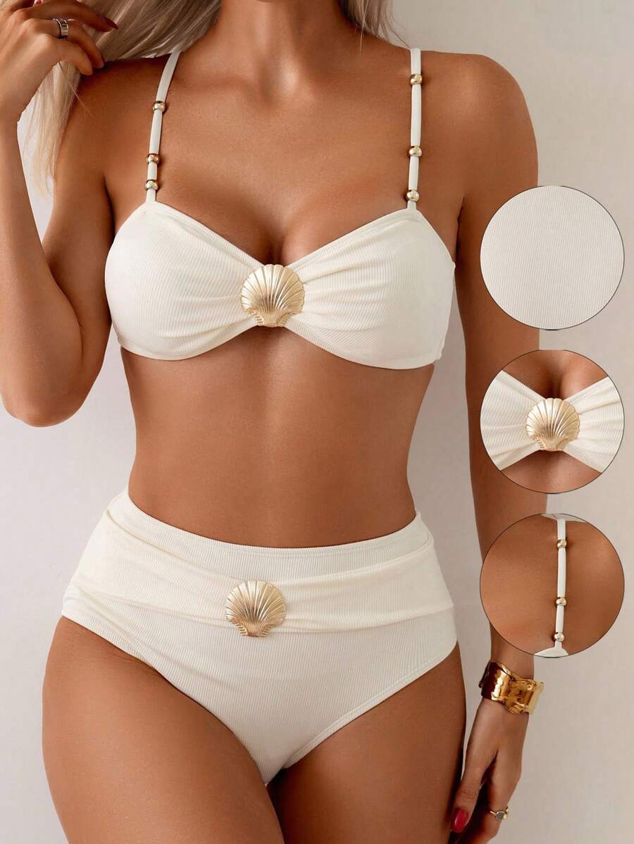Swim Chiccia Women's Elegant Shell Ribbed Bikini Set, High-End Vacation Outfit For Summer - Beige - View 1