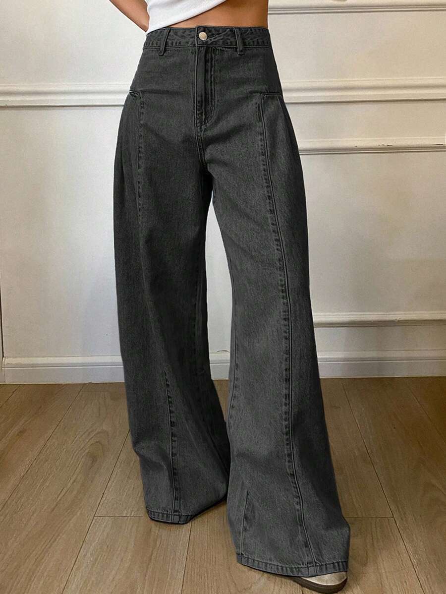 FRIFUL Women's Casual Washed High-Waisted Wide-Leg Jeans Wide Leg Jeans Baggy Jeans Loose Jeans Flare Leg Jeans Gray Jeans - Black - View 1