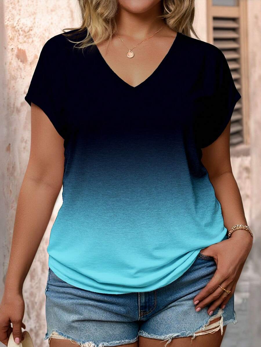 SHEIN LUNE Plus Size Women Ombre V Neck Short Sleeve Casual T-Shirt, Summer Floral Print Tee