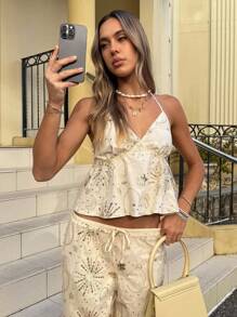 Siren Gaze 女式亮片拼接露背吊带背心，夏季时尚 - 杏色 - 查看 5