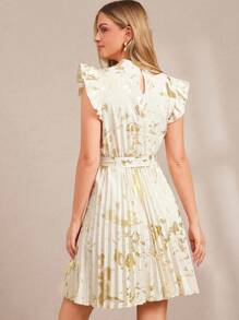 Amorya Women's Elegant Gold Foil Print Pleated Summer Dress