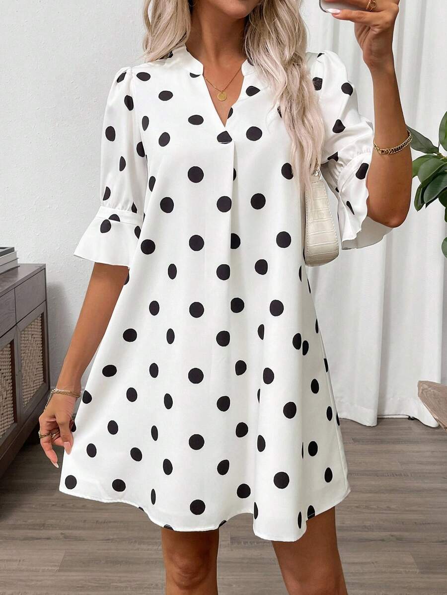 SHEIN Clasi 女式夏季圆点印花V领休闲迷你连衣裙 - 黑與白 - 查看 1