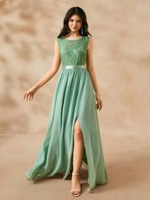 SHEIN Vestido largo de línea A con abertura alta, de gasa con aplicaciones de encaje, elegante para dama de honor, temporada de bodas, apropiado para adolescentes, baile de graduación, fiesta de cumpleaños, presentación - Verde - Ver 7