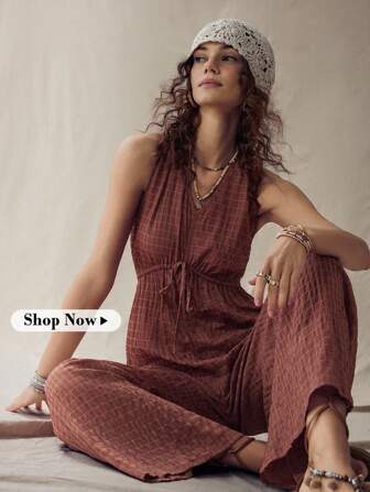 Wildy American Western Country Resort Style Brown V-Neck Bohemian Jumpsuit Country Concert Outfit