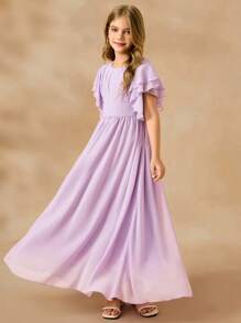 SHEIN Váy voan xếp nếp bồng bềnh cho bé gái, váy trang trọng cho phù dâu/phù dâu trong đám cưới, tiệc tùng, sinh nhật, biểu diễn - Màu tím hoa cà - Xem 8