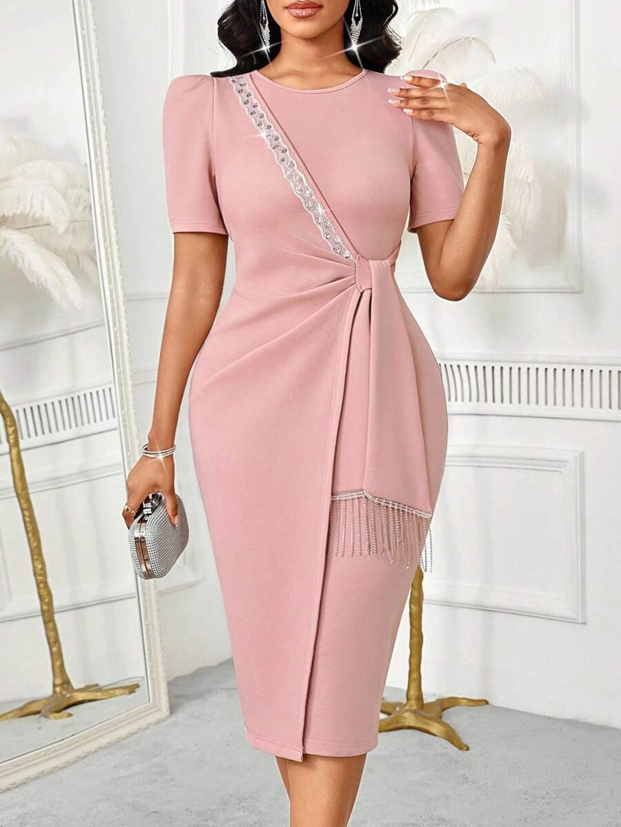 SHEIN Lady 女士优雅中长款荷叶边泡泡袖亮片拼接圆领连衣裙