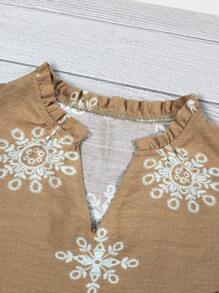 SHEIN LUNE Blusa de mujer casual con cuello en V y ribete de volantes, ajustada, adecuada para uso diario, verano - Marrón - Ver 5