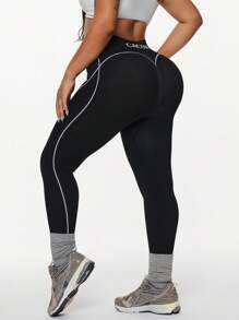 Rhythm Era Quần legging thể thao in chữ cạp cao cho nữ cỡ lớn - Đen và trắng - Xem 2