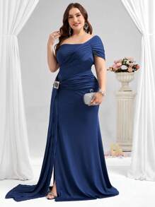 Coutiva Plus Size Women Solid Color Ruched One-Shoulder Mermaid Hem Fitted Rhinestone Button Evening Gown Dress Birthday Dresses For Women