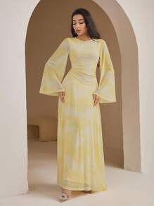 Veilorie Đầm xòe tay loe eo bó màu thanh lịch cho nữ - Vàng nhạt - Xem 6