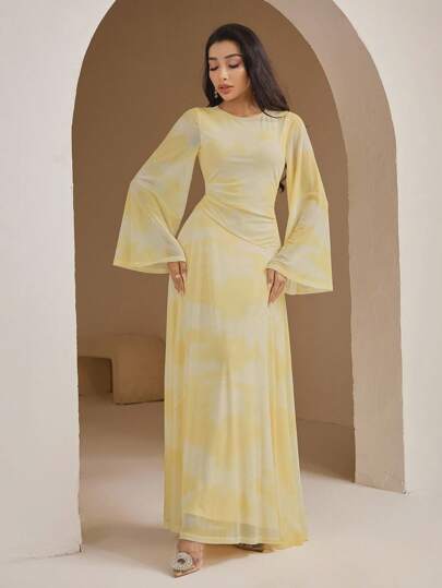 Veilorie Women's Elegant Color Blocking Cinched Waist Flare Sleeve Dress