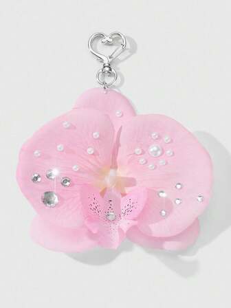 Kawaii 1 pezzo Portachiavi stile minimalista e carino estetica INS, con decorazione di perle e cristalli su orchidea Phalaenopsis rosa, versatile per le donne, regalo perfetto