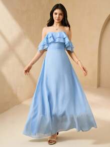 SHEIN Elegant Wedding Flower Girl Dress, Chiffon Ball Gown Dress For Teens, Middle-Large Children, Girls Formal Party Dress, Navy Blue - Blue - View 1