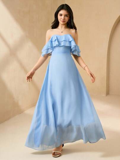 SHEIN Elegant Wedding Flower Girl Dress, Chiffon Ball Gown Dress For Teens, Middle-Large Children, Girls Formal Party Dress, Navy Blue