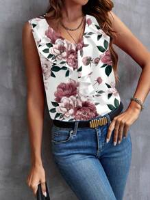 SHEIN Clasi Blusa Feminina com Colarinho Ruge e Padrão Floral Casual, Adequada para o Verão