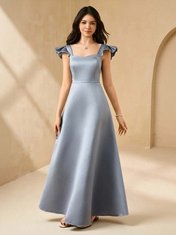 SHEIN Vestido de novia/fiesta elegante para adolescentes/junior, vestido de satén gris azulado para niña de las flores, vestido de princesa con falda con volantes y diseño elegante para niñas grandes