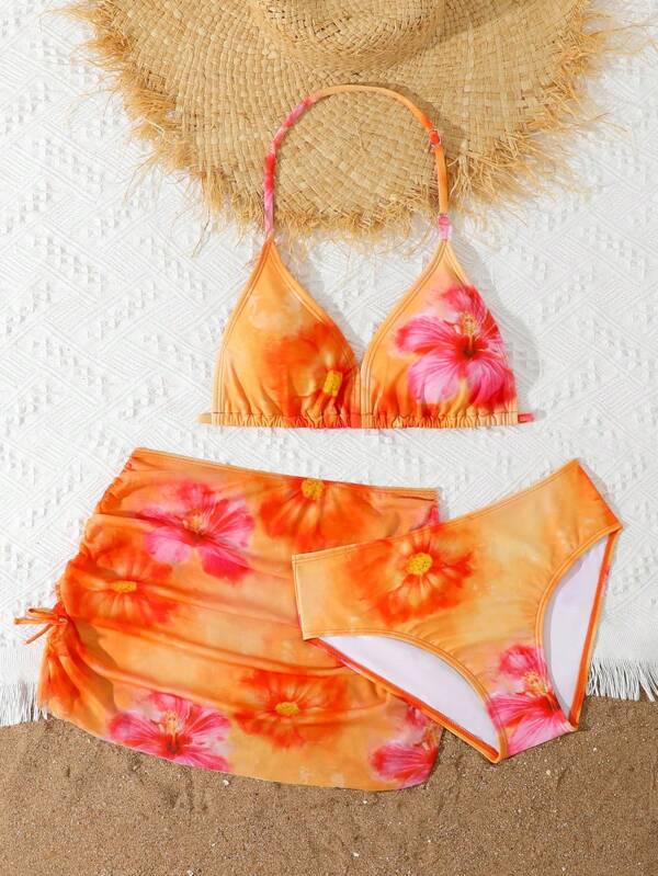 Mädchen 3-teiliges Bikini Set: Bikini-Oberteil mit Blumenmuster und Trägerhals, transparenter Wickelrock, elegante Badebekleidung für Feiertage, Urlaub, Sommer