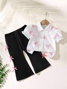 SHEIN Playful Pals 女宝宝韩版可爱全蝴蝶印花短袖翻领衬衫和白色梭织喇叭裤两件套，夏季 - 黑色 - 查看 7