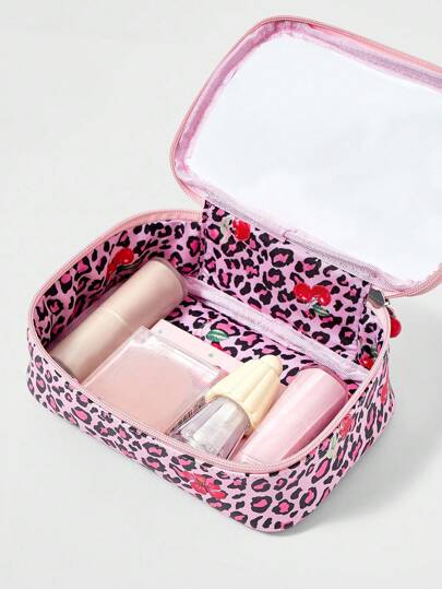 Grunge Punk 1 pieza Bolsa cosmética portátil retro y linda con estampado de leopardo y cereza para mujer