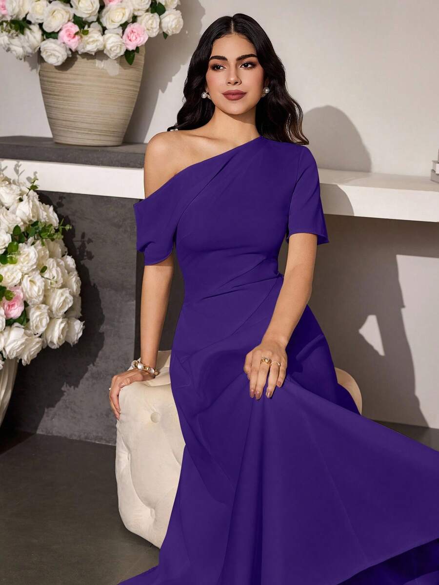 Modelyn 春夏女士不对称腰部收腰休闲连衣裙 - 紫羅蘭色 - 查看 1