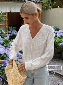 Livesso Blusa elegante de manga larga con cuello en V de unicolor y ajuste holgado, estilo vintage, para otoño