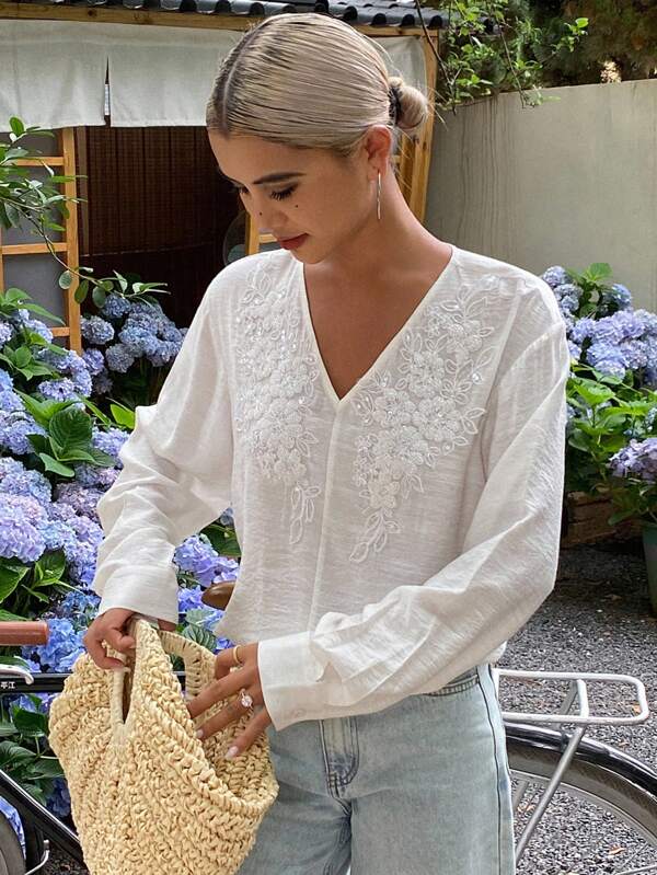 Livesso Blouse d'été élégante pour vacances, ample, col V, manches longues, couleur unie pour femmes