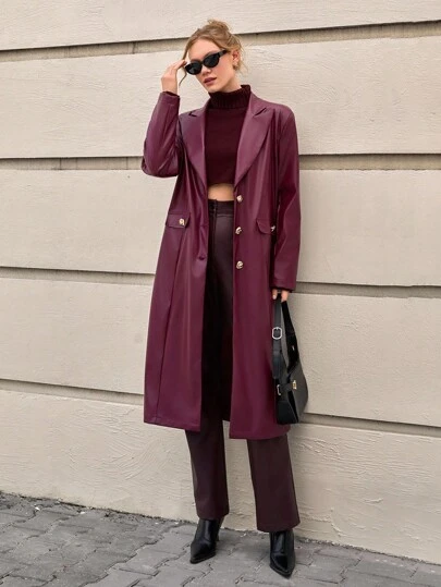 CLARA VERO Dammode Street Chic PU-läder med slagkrage och guldknappar Lång trenchcoat, elegant lång läderkappa