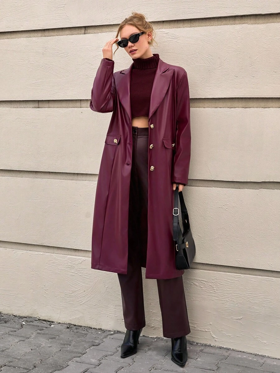 CLARA VERO 女士时尚街头时尚 PU 皮革翻领金色纽扣叶状长款风衣，时尚长款皮大衣 - 酒紅色 - 查看 1