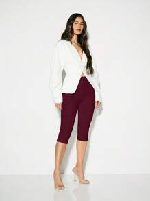 KIZN Premium Capri Leggings With Side Slit Cropped Length High Waist Stretch Fit Everyday Wear - Burgundy - View 5