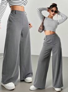 SHEIN Pantalones grises de pierna ancha elegantes y casuales para niña adolescente