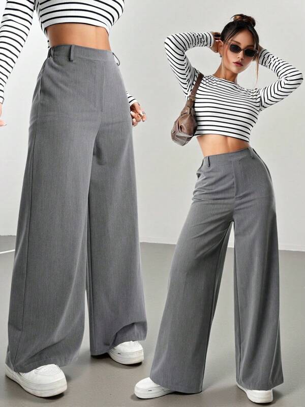 SHEIN Pantalones grises de pierna ancha elegantes y casuales para niña adolescente
