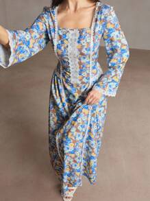 Al Najma Women's Gorgeous Printed Square Neck Tie-Waist Arabian Dress