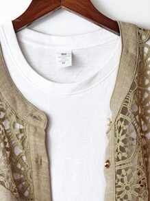 Joress Set di 2 pezzi per donne taglia comoda: camicia casual con collo tondo, patch in pizzo e abbottonatura completa in misto lino + pantaloni larghi in vita elastica