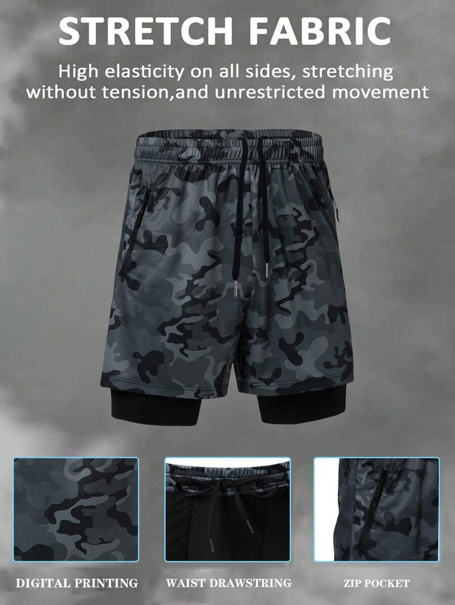 Gym Rark Pantalones cortos deportivos casuales de hombre con estampado de camuflaje y cordón en la cintura, pantalones de chándal de verano - Multicolor - Ver 1