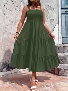 Breezaya 加大码纯色A字型吊带长裙女装 - 軍綠色 - 查看 3