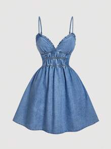 SHEIN MOD Robe en jean d'été pour femme avec garniture volantée et froissage à la taille