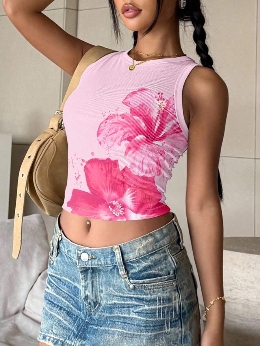 SHEIN 粉色休闲简约芙蓉花印花圆领紧身背心 - 彩色 - 查看 1